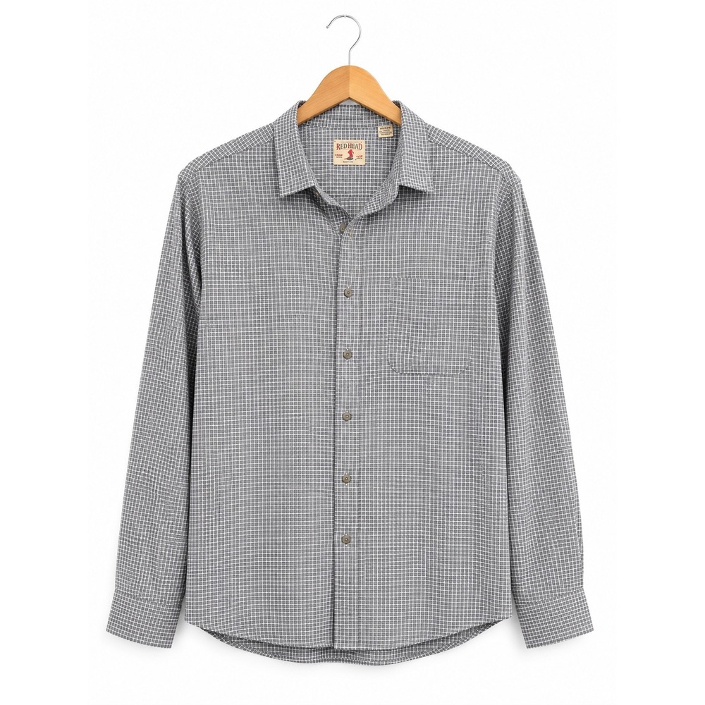 Red Head Brand Co Mens 2XLT Grey White Micro Check Long Sleeve Button Down Shirt